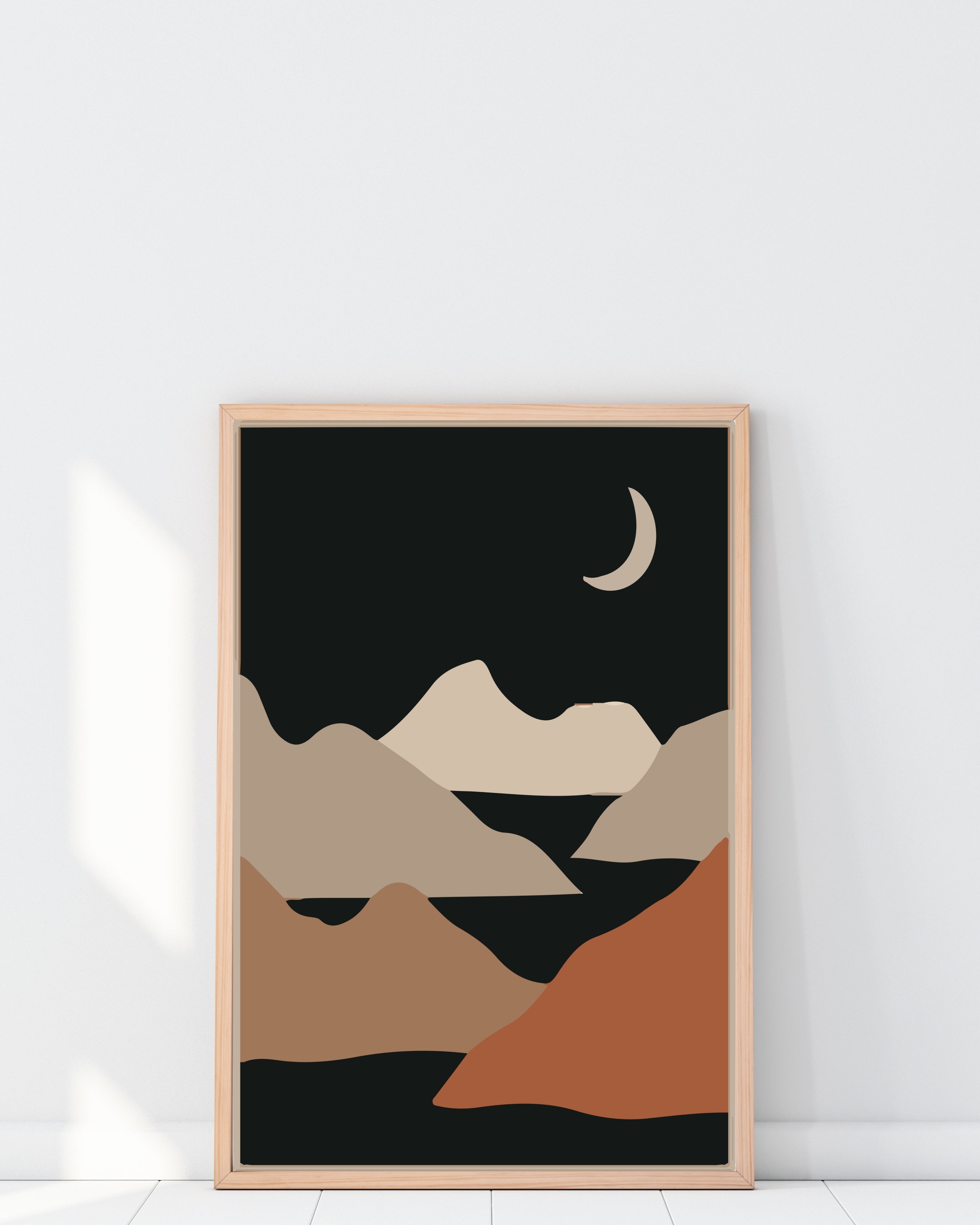 Minimalist Moonlit Mountain Landscape Wall Art Print