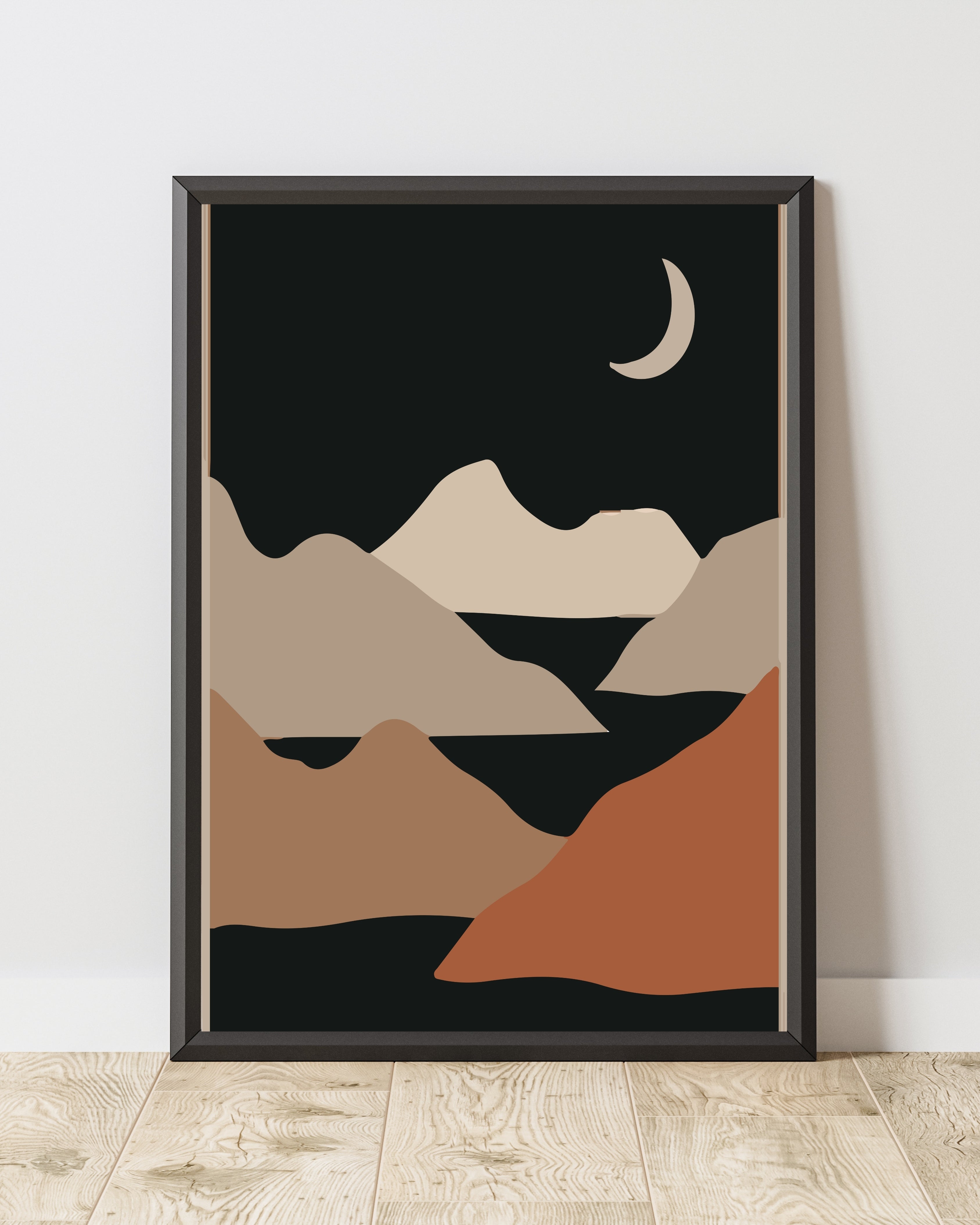 Minimalist Moonlit Mountain Landscape Wall Art Print