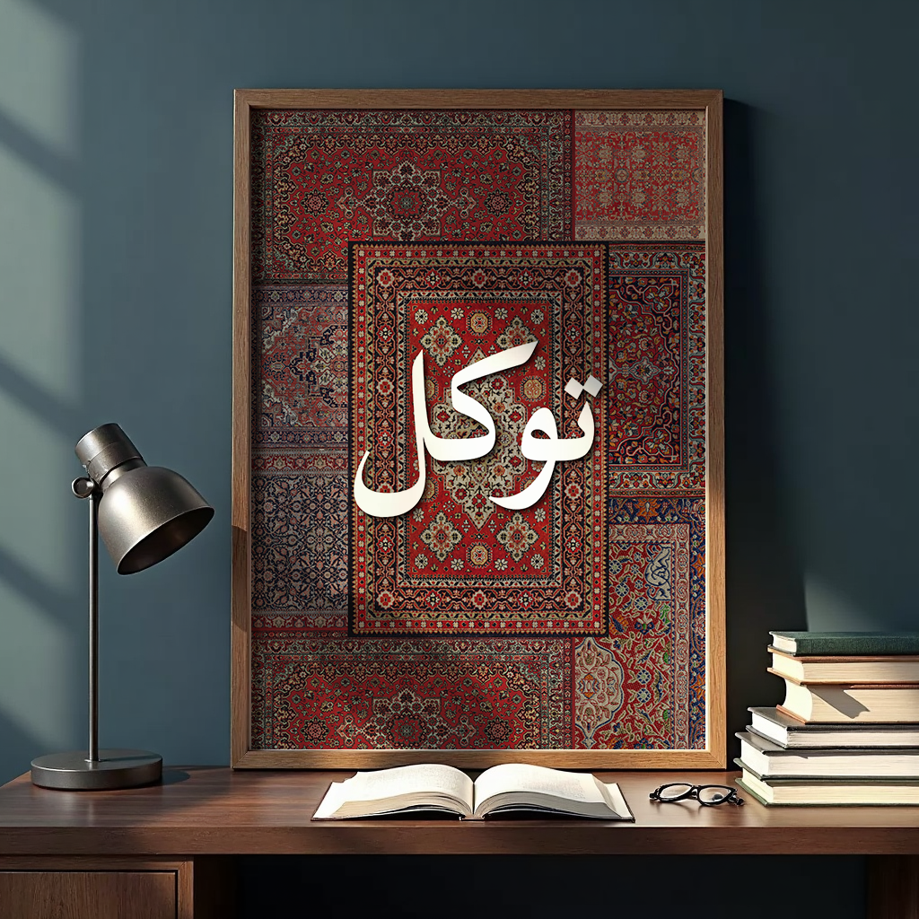 Tawakkul Qur'an wall art featuring Qur'an 3:159 in a modern white frame for Islamic home decor